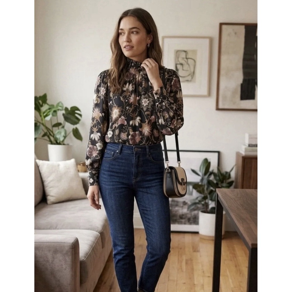 Evereve Floral High Mock Neck Long Sleeve Blouse Size XS Fall Boho Top